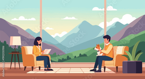 Couple relaxing with dog and book, overlooking mountain landscape