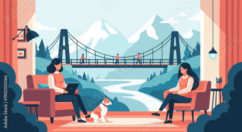 Cozy indoor scene with a bridge, mountains, and river view