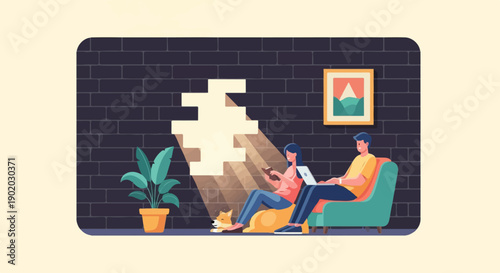 Couple relaxing indoors with pet, one reading, other on laptop