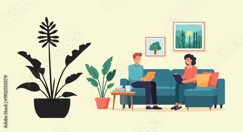 Couple relaxing on couch with plants and artwork in a room