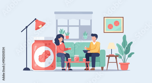 Couple relaxing at home with large jar and drinks, surrounded by plants