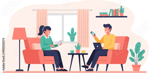 Couple relaxing at home, working on devices and enjoying indoor plants