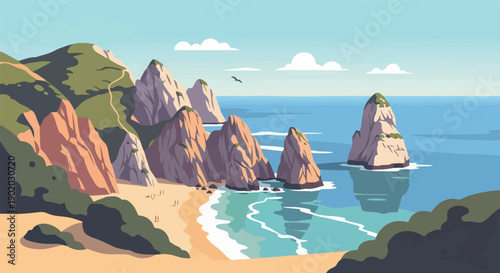Coastal cliffs meet the ocean with a sandy beach and a solitary bird overhead