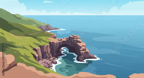 Coastal cliffs with an arch, lush green hills, and blue ocean