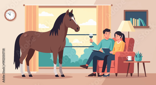 Couple relaxing at home with a horse and a drink indoors