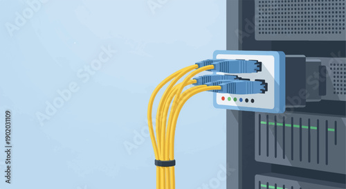 Data server rack with connected yellow cables and blue ethernet ports