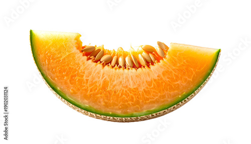 A slice of orange cantaloupe with seeds, green rind, and a bite taken out