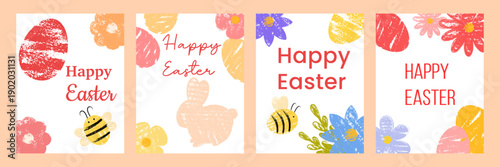 Set of crayon hand-drawn Happy Easter greeting cards with chalk textured eggs, chicks, bees, flowers and bunnies. Pastel vector templates for holiday invitations, banners and festive cards.
