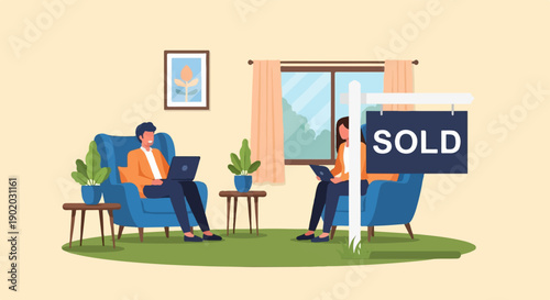 Couple relaxes indoors with laptops as a "Sold" sign indicates successful property transaction