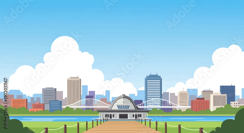 City skyline across a river with a pier and building