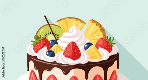 Decadent fruit cake with whipped cream and chocolate drip