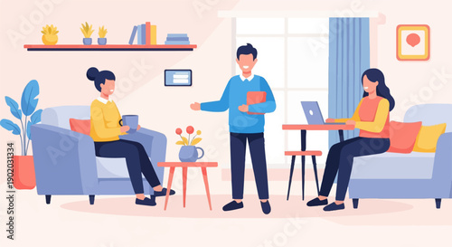 Cozy home office scene with people working, chatting, and relaxing