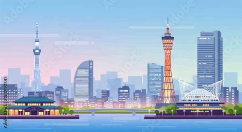 Cityscape at dusk with iconic towers, modern buildings, and waterfront