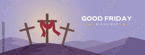 Good friday blessings banner featuring three crosses on a hill at sunset