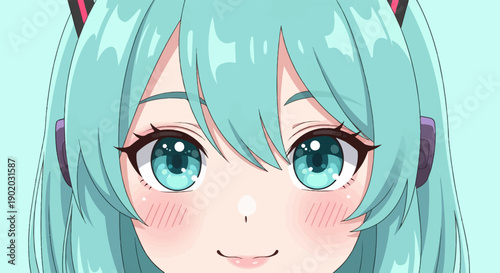 Close up anime portrait of a young girl with teal hair and big blue eyes, blushing