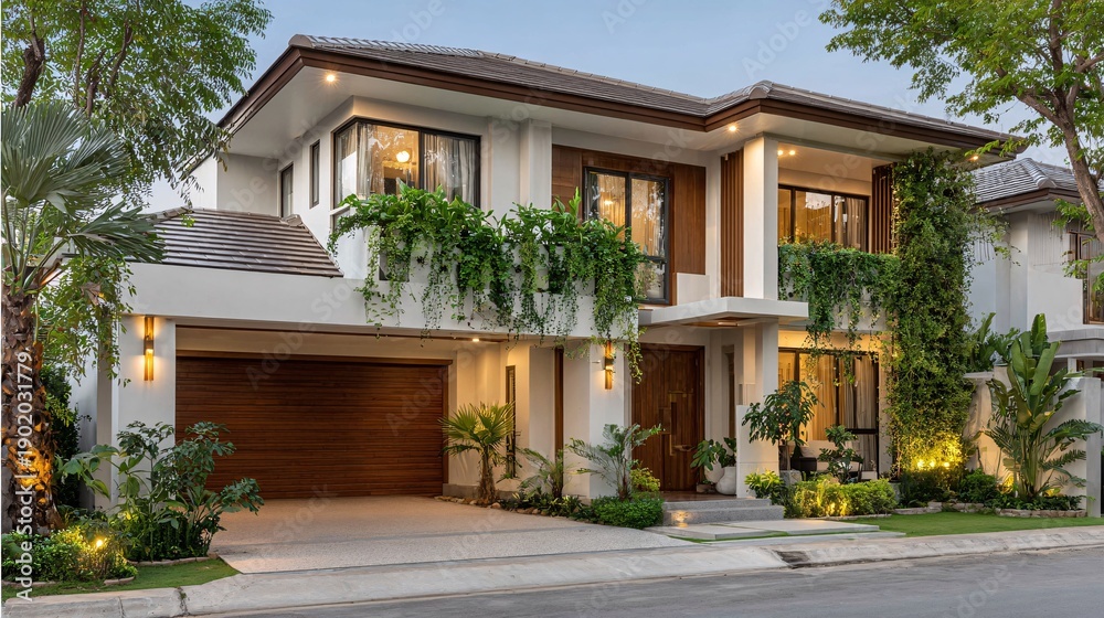 Fototapeta premium Exterior of a luxury modern villa with integrated solar roof tiles, lush vertical garden on the facade, dusk, warm interior lights, cinematic