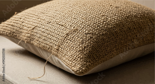 Close up of a woven jute pillow with a twine tie, resting on a soft surface