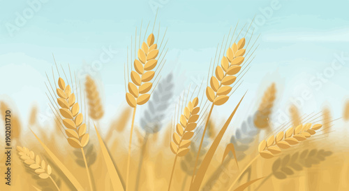 Close up of golden wheat stalks swaying gently in a soft breeze