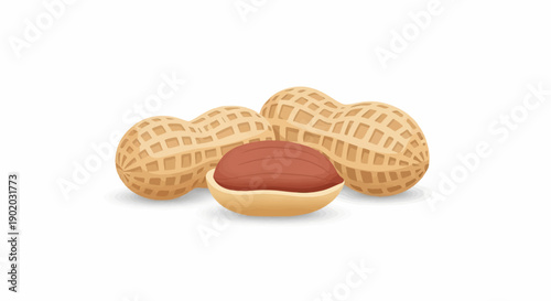 Close up of two shelled peanuts and one unshelled peanut on a white background