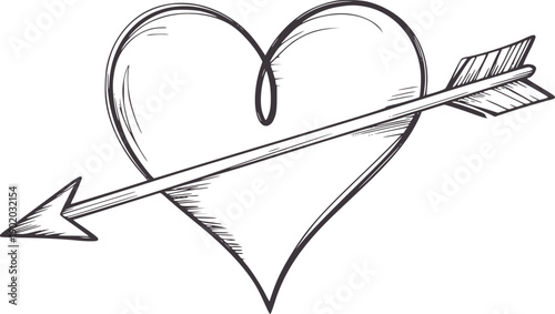 Hand drawn of a heart pierced by an arrow love romance symbol