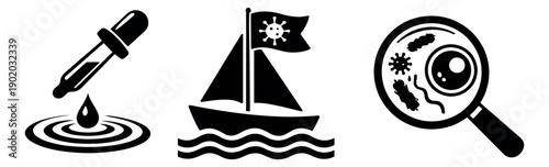 Graphic medical icons set featuring a dropper, a sailboat with a virus flag, and magnified microorganisms for health awareness