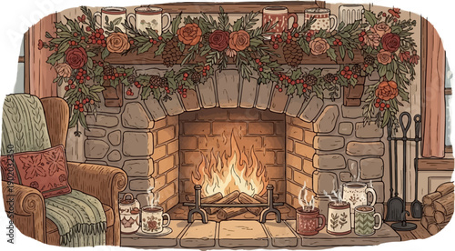 Cozy fireplace with roaring fire, steaming mugs, and festive garland