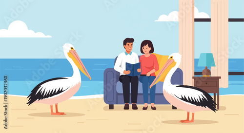 Couple reads book on couch at beach with pelicans