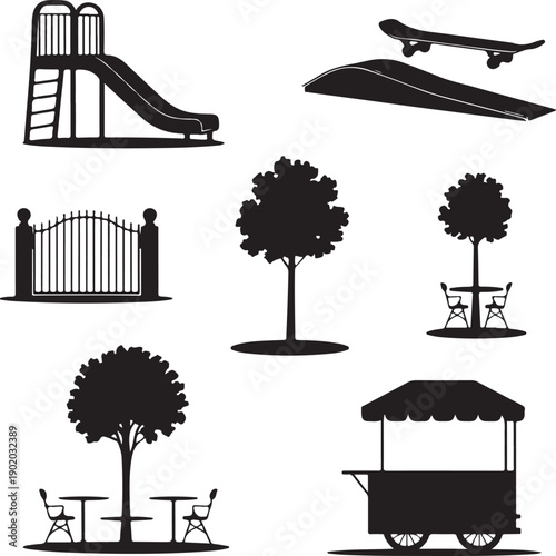black silhouettes of park objects and furniture on white background