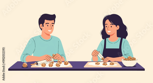 Couple prepares homemade chocolate chip cookies for baking and enjoyment