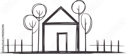 Minimalist of a house with trees and a fence home dwelling building