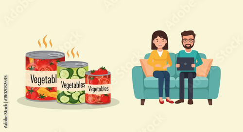 Couple on couch with laptops near steaming cans of vegetables