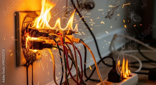 Electrical Outlet Overloaded With Multiple Plugs Sparks And Flames Danger Of Fire Hazard At Home