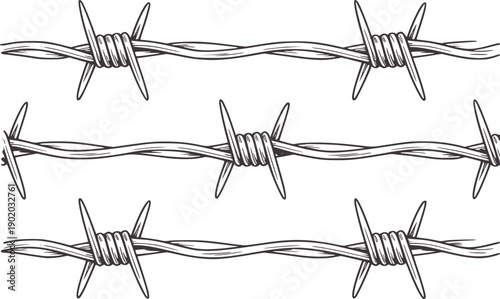 Three horizontal lines of barbed wire with sharp points metal