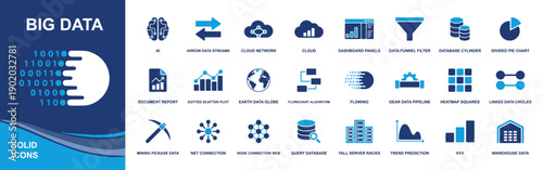 Big data icon set. Containing analytics, AI, cloud, database, dashboard, data pipeline, ETL, network, filter, server racks, warehouse, charts and more. Solid fill vector icons collection