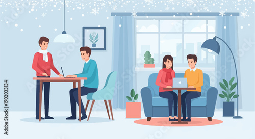 Cozy winter indoor scene of people working and socializing with laptops