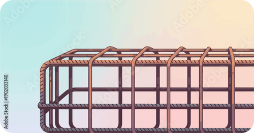 Close-up of steel rebar cage structure against a soft gradient sky