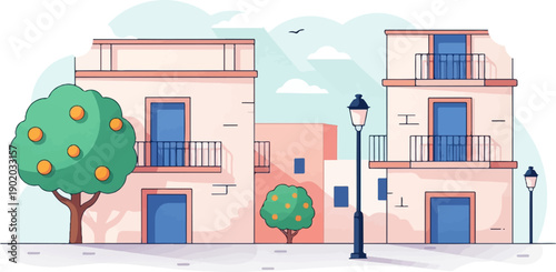 Colorful cartoon buildings with fruit trees, streetlights, and sky