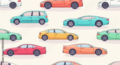 Colorful cartoon cars parked side by side on a plain background