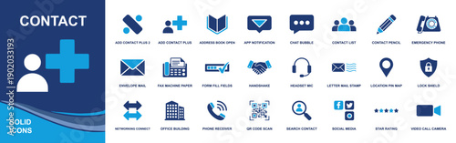 Contact icon set. Containing address book, add user, contact list, chat bubble, email, phone, headset, location pin, QR scan, video call and more. Solid fill vector icons collection