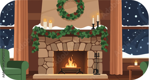 Cozy winter scene with a crackling fireplace and snow falling outside