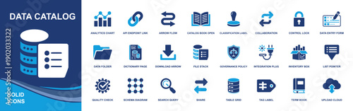 Data catalog icon set. Containing schema, table grid, metadata, classification label, governance policy, API link, search query, data entry form, share, upload and more. Solid fill vector icons collec
