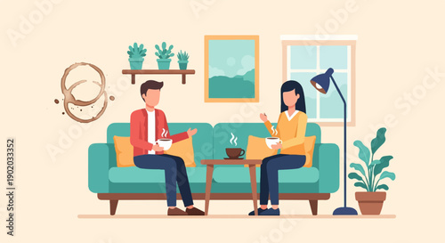 Couple enjoying hot drinks on a couch with plants and art in the room