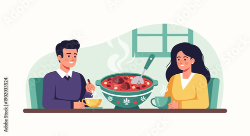 Couple enjoying a hot meal and drinks in a cozy setting