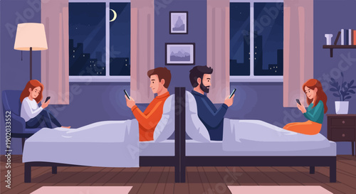 Couples in bed at night, distracted by glowing phone screens, ignoring each other
