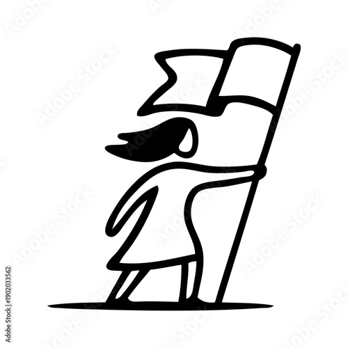 Día Internacional de la Mujer. Dibujo con líneas de una mujer sujetando una bandera