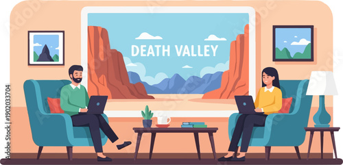 Couple working on laptops in a living room with a window view of a desert landscape