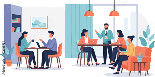 Colleagues collaborate and socialize in a bright, modern workspace