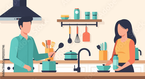 Couple cooking together in a modern, well-equipped kitchen, preparing a meal