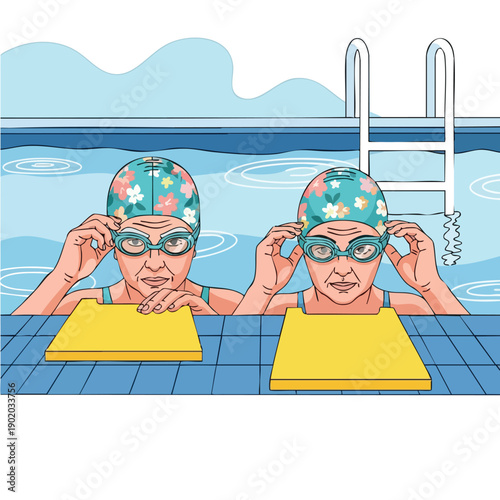 Two senior women in swim caps and goggles ready to swim.