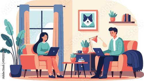 Couple working on laptops at home near window with plants